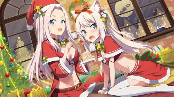 Anime picture 1120x630 with azur lane hammann (azur lane) yorktown (azur lane) gotyou long hair looking at viewer blush breasts open mouth blue eyes wide image multiple girls holding green eyes animal ears payot cleavage white hair indoors :d