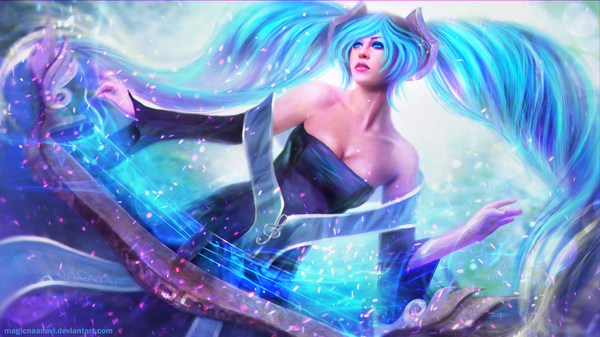 Anime picture 1920x1080 with league of legends sona buvelle magicnaanavi single long hair blush highres breasts blue eyes wide image large breasts twintails bare shoulders blue hair looking away cleavage lips girl dress weapon