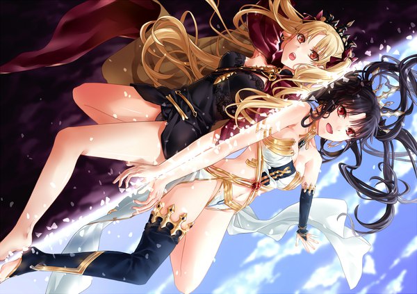 Anime picture 2300x1625 with fate (series) fate/grand order ishtar (fate) ereshkigal (fate) yuu+1 long hair highres breasts open mouth light erotic black hair blonde hair red eyes bare shoulders multiple girls looking away cloud (clouds) bent knee (knees) braid (braids) wind