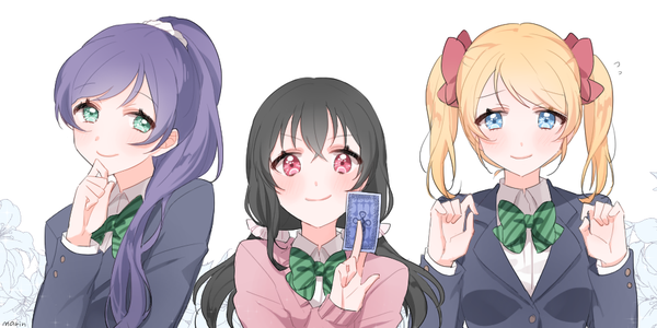 Anime picture 900x450 with love live! school idol project sunrise (studio) love live! yazawa nico toujou nozomi ayase eli marin (myuy 3) long hair looking at viewer blush fringe short hair blue eyes black hair simple background blonde hair smile red eyes wide image white background