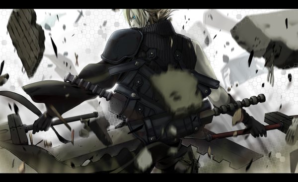Anime picture 1991x1220 with final fantasy vii advent children final fantasy final fantasy vii square enix cloud strife hanamaru (artist) single highres short hair blue eyes blonde hair wide image profile from behind destruction boy gloves weapon sword huge weapon
