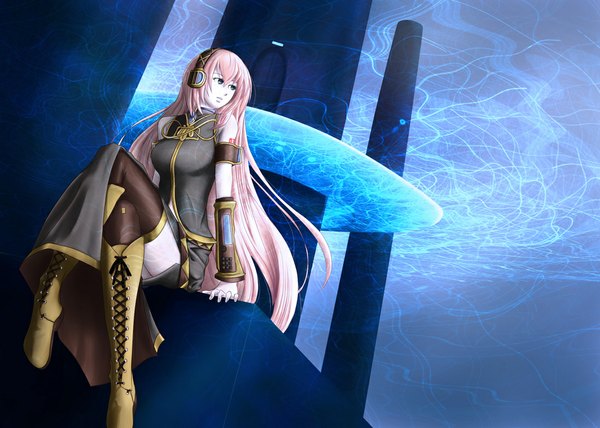 Anime picture 1098x784 with vocaloid megurine luka long hair pink hair girl hairband headphones thigh boots