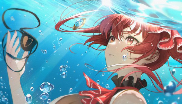 Anime picture 3846x2208 with virtual youtuber hololive houshou marine houshou marine (1st costume) moon (yfsp7823) single long hair fringe highres hair between eyes red eyes wide image twintails yellow eyes looking away absurdres red hair parted lips fingernails light smile
