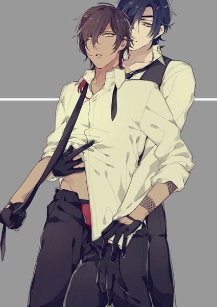 Anime picture 900x1270 with touken ranbu nitroplus ookurikara shokudaikiri mitsutada syubare tall image fringe short hair light erotic black hair simple background brown hair yellow eyes hair over one eye grey background multiple boys tattoo undressing shounen ai open pants