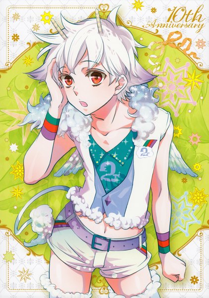 Anime picture 3000x4278 with karneval nai (karneval) single tall image looking at viewer highres short hair open mouth red eyes white hair from above scan official art bare belly framed albino boy navel wings shorts