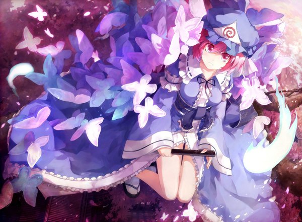 Anime picture 1748x1286 with touhou saigyouji yuyuko arctic (artist) looking at viewer highres short hair pink hair pink eyes girl dress insect butterfly bonnet fan