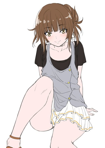 Anime picture 708x1000 with amagami kamizaki risa shouji nigou single long hair tall image looking at viewer blush fringe simple background smile brown hair white background sitting brown eyes hair bun (hair buns) frilly skirt casual girl frills