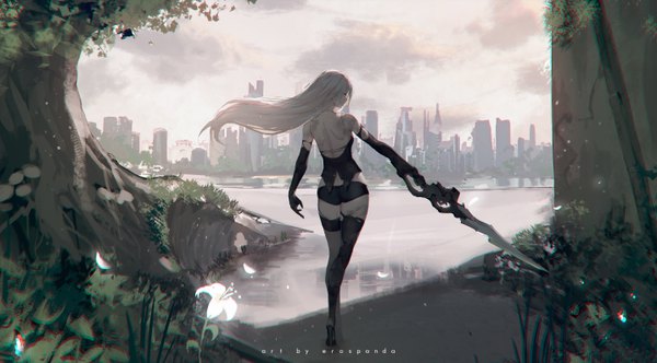 Anime picture 5735x3182 with nier nier:automata yorha type a no. 2 erospanda single long hair fringe highres blue eyes light erotic wide image bare shoulders holding signed looking away absurdres sky cloud (clouds) full body ass