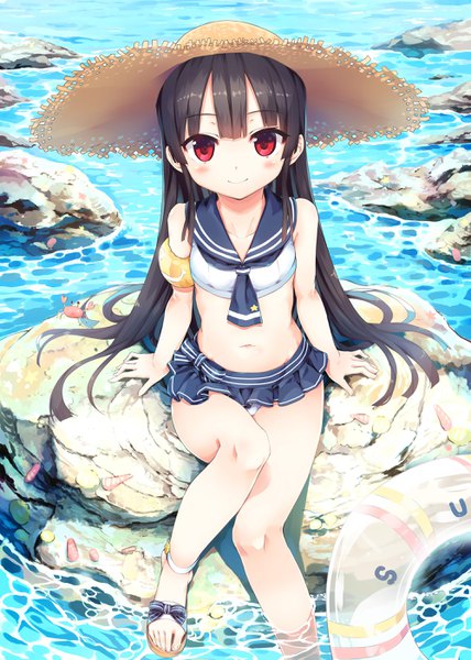 Anime picture 2000x2802 with maitetsu hachiroku (maitetsu) cura single long hair tall image looking at viewer blush highres light erotic black hair smile red eyes sitting full body bent knee (knees) outdoors pleated skirt arm support partially submerged