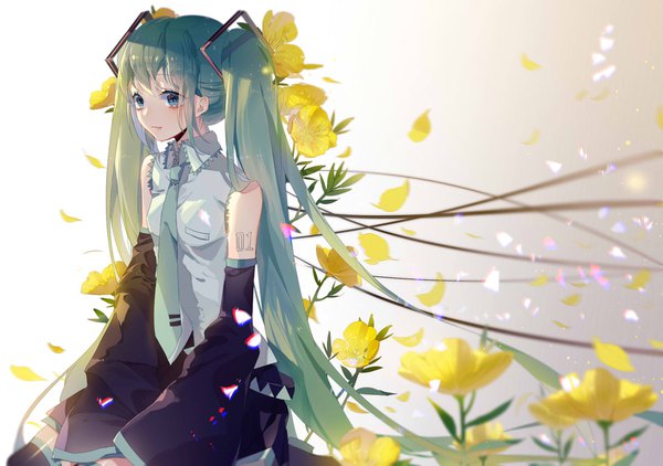Anime picture 1913x1346 with vocaloid hatsune miku zhibuji loom single highres blue eyes sitting twintails looking away very long hair wind aqua hair gradient background girl flower (flowers) detached sleeves petals necktie