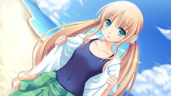 Anime picture 1280x720 with astraythem ginta long hair blonde hair wide image twintails green eyes game cg open clothes open shirt beach girl swimsuit
