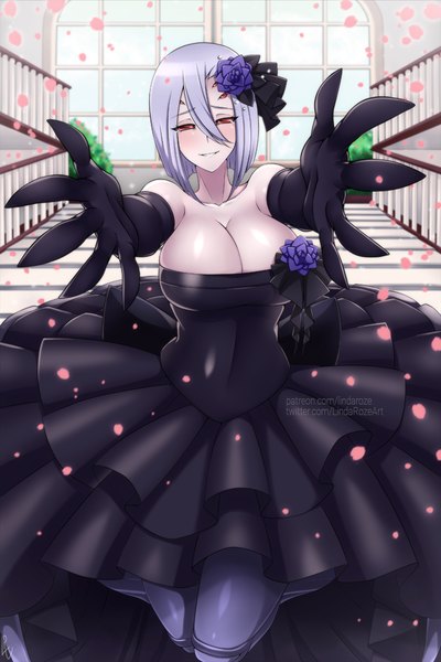 Anime picture 666x1000 with monster musume no iru nichijou rachnera arachnera alina pegova single tall image looking at viewer blush fringe short hair breasts light erotic smile hair between eyes red eyes large breasts standing bare shoulders signed cleavage silver hair