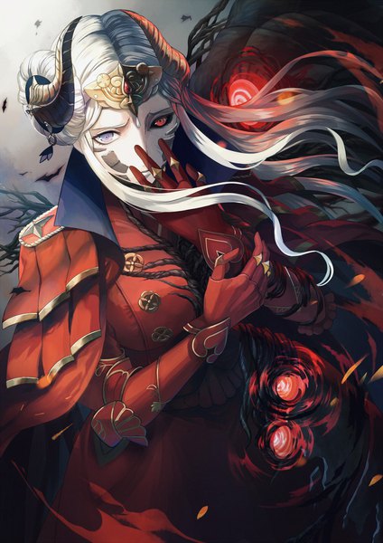 Anime picture 1000x1416 with fire emblem fire emblem: three houses nintendo edelgard von hresvelg hegemon edelgard nishikawa (fe) single tall image looking at viewer short hair red eyes standing purple eyes white hair horn (horns) from above floating hair spoilers black sclera girl