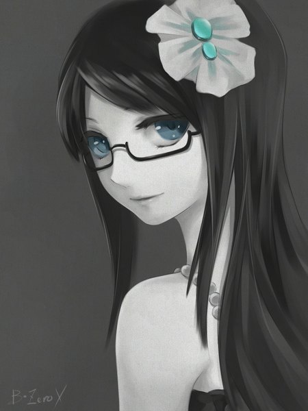 Anime picture 1200x1600 with bzerox single long hair tall image looking at viewer blue eyes black hair bare shoulders girl hair ornament glasses