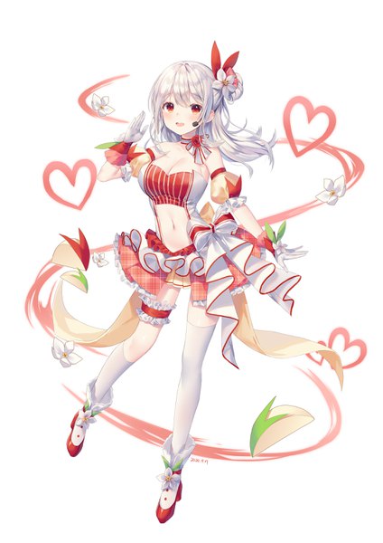 Anime picture 2121x3000 with fruits fulcute! ringo (fruits fulcute!) shiro albino single long hair tall image looking at viewer highres breasts open mouth simple background red eyes white background cleavage silver hair full body :d bare belly hair bun (hair buns) center opening