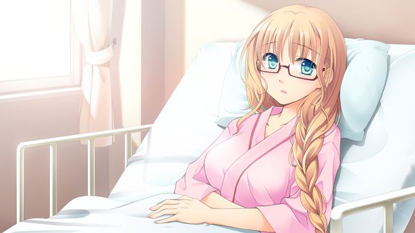 Anime picture 1280x720 with astraythem ginta long hair blonde hair wide image green eyes game cg lying braid (braids) girl glasses pillow pajamas