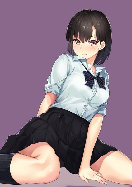 Anime picture 1276x1805 with original kagematsuri single tall image looking at viewer blush short hair black hair simple background purple eyes brown eyes purple background girl skirt uniform school uniform shirt socks black socks