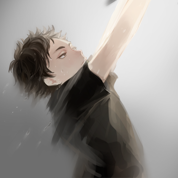 Anime picture 1500x1500 with haikyuu!! production i.g akaashi keiji saharan single short hair black hair simple background upper body black eyes grey background arms up sweat boy t-shirt