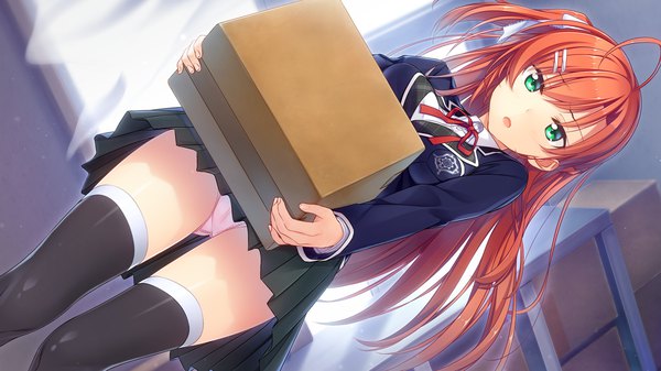 Anime picture 1280x720 with omokage ichinose minato single long hair looking at viewer open mouth light erotic wide image holding green eyes game cg red hair pleated skirt pantyshot upskirt girl skirt uniform underwear panties