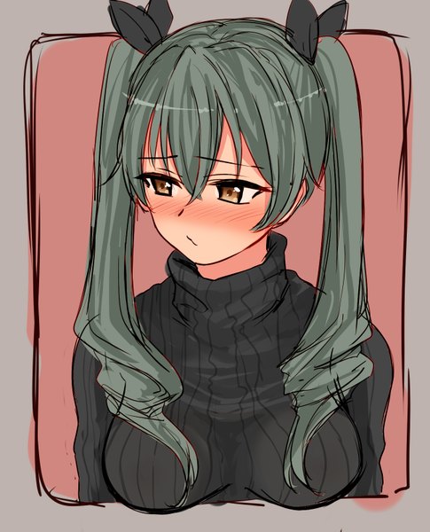 Anime picture 1296x1604 with girls und panzer anchovy (girls und panzer) suto (iamsuto) single long hair tall image blush fringe breasts twintails brown eyes looking away green hair embarrassed girl