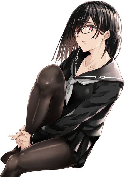 Anime picture 1000x1412 with original nabeshima tetsuhiro single long hair tall image looking at viewer fringe breasts black hair simple background hair between eyes red eyes white background sitting parted lips head tilt pleated skirt no shoes interlocked fingers leg hug