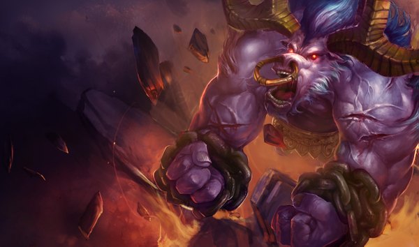 Anime-Bild 1215x717 mit league of legends alistar (league of legends) single open mouth red eyes wide image horn (horns) chain fist monster bull