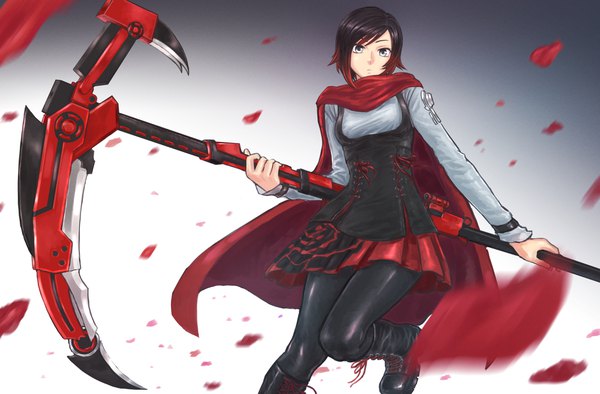 Anime picture 4000x2629 with rwby rooster teeth ruby rose drill5mm single looking at viewer highres short hair black hair simple background white background holding absurdres bent knee (knees) red hair multicolored hair grey background two-tone hair grey eyes gradient background