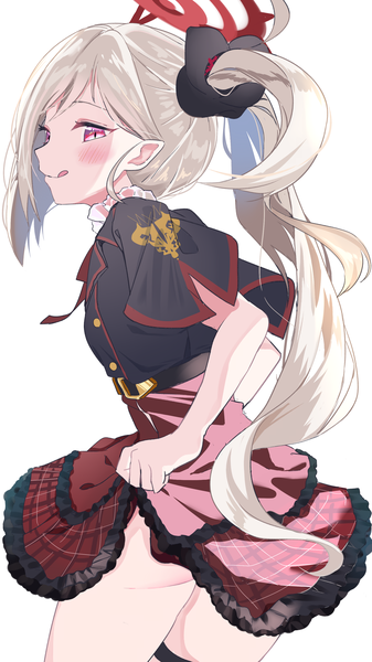 Anime-Bild 1800x3200 mit blue archive mutsuki (blue archive) tsumayouji (tumayog) single long hair tall image looking at viewer highres light erotic simple background white background purple eyes silver hair ass profile pointy ears side ponytail girl tongue halo