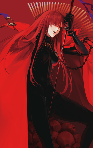 Anime picture 657x1046 with fate (series) fate/grand order koha-ace oda nobunaga (fate) (all) oda nobunaga (maou avenger) (fate) reroi single long hair tall image looking at viewer fringe breasts open mouth simple background smile red eyes sitting holding bent knee (knees) red hair