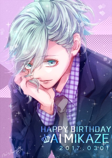 Anime picture 600x847 with uta no prince-sama a-1 pictures mikaze ai nagisa-a single tall image fringe short hair hair between eyes aqua eyes aqua hair sparkle character names dated happy birthday chin rest boy necktie