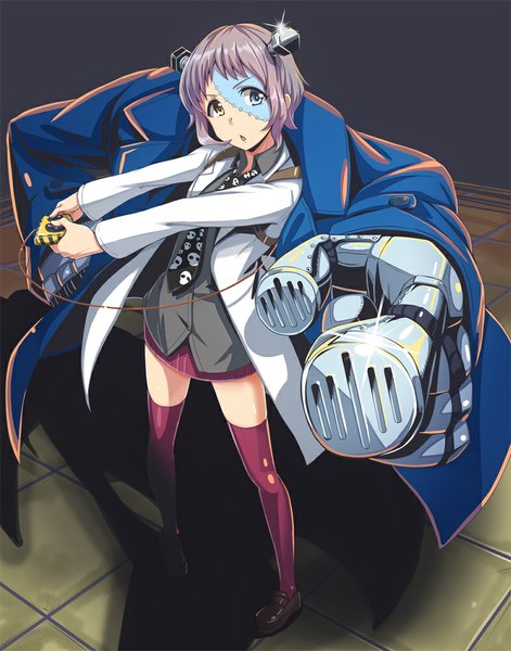 Anime picture 785x1000 with original dan single tall image looking at viewer fringe short hair open mouth blue eyes holding brown eyes pink hair long sleeves horn (horns) from above heterochromia face paint mecha musume skull print girl
