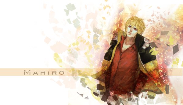 Anime picture 2969x1717 with zetsuen no tempest studio bones fuwa mahiro single highres short hair blonde hair smile red eyes wide image bare shoulders inscription open clothes open jacket looking up boy