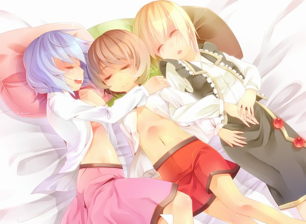 Anime picture 1405x1031 with touhou lunasa prismriver lyrica prismriver merlin prismriver nomu (artist) short hair light erotic blonde hair smile brown hair multiple girls blue hair lying eyes closed open clothes open shirt sleeping girl skirt miniskirt