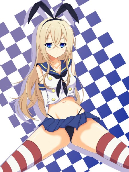 Anime picture 900x1200 with kantai collection shimakaze destroyer azel (alt6633) single long hair tall image blush blue eyes light erotic blonde hair girl thighhighs gloves navel underwear panties bow hair bow miniskirt elbow gloves