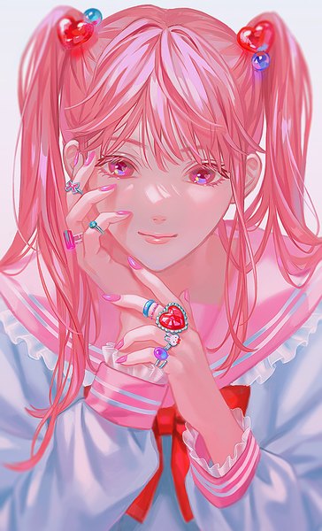 Anime picture 1000x1649 with original itryr0 single long hair tall image looking at viewer simple background white background twintails pink hair upper body nail polish pink eyes light smile sailor collar pink nail polish hand on cheek girl hair ornament heart