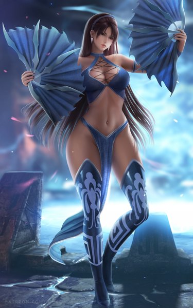 Anime picture 3500x5600 with mortal kombat kitana wickellia single long hair tall image looking at viewer fringe highres breasts light erotic brown hair large breasts standing holding absurdres cleavage full body parted lips fingernails