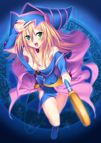 Anime picture 1031x1457 with yu-gi-oh! dark magician girl suzume inui single long hair tall image blush open mouth blonde hair bare shoulders green eyes girl headdress staff