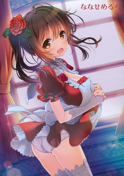 Anime picture 2820x4000 with original melonbooks nanase meruchi single long hair tall image looking at viewer blush highres open mouth light erotic brown hair twintails brown eyes ass :d hair flower scan girl thighhighs