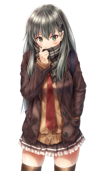 Anime picture 750x1334 with kantai collection suzuya heavy cruiser suien single long hair tall image looking at viewer blush fringe simple background smile hair between eyes standing white background green eyes pleated skirt green hair zettai ryouiki grin hand in pocket