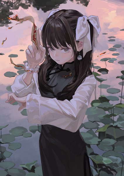 Anime-Bild 1000x1414 mit original fkey single long hair tall image looking at viewer blush fringe brown hair standing holding brown eyes payot outdoors blunt bangs long sleeves traditional clothes arm up from above mole