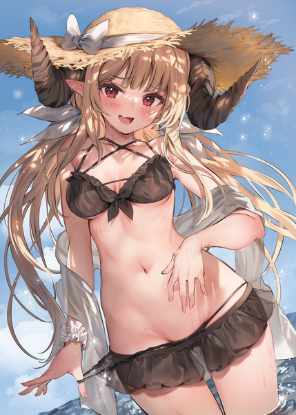 Anime picture 2591x3624 with original paseri single long hair tall image looking at viewer blush fringe highres breasts open mouth light erotic blonde hair smile red eyes standing bare shoulders sky cloud (clouds) outdoors