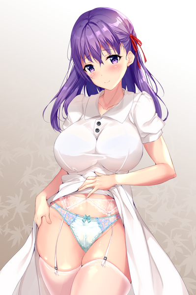 Anime picture 1331x2000 with fate (series) fate/stay night matou sakura fukuda shuushi single long hair tall image looking at viewer blush fringe breasts light erotic simple background smile hair between eyes large breasts standing purple eyes purple hair head tilt