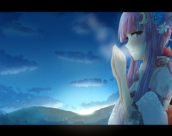 Anime picture 974x770 with touhou patchouli knowledge ram hachimin single long hair blush blue eyes smile sky purple hair cloud (clouds) traditional clothes japanese clothes hair flower sunlight mountain exhalation crescent morning sunrise