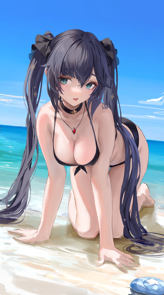 Anime picture 1000x1796 with genshin impact mona megistus leviathan (hikinito0902) single tall image looking at viewer fringe breasts open mouth blue eyes light erotic black hair hair between eyes large breasts twintails payot sky cleavage cloud (clouds) full body