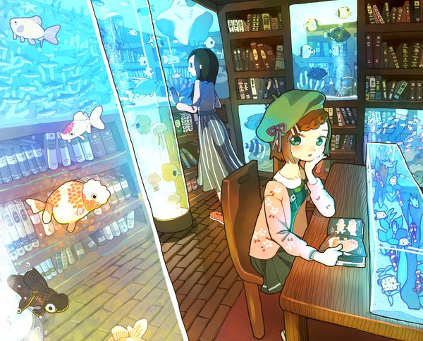 Anime picture 2443x1972 with original tao (tao15102) long hair highres short hair black hair brown hair standing sitting multiple girls green eyes indoors chin rest girl 2 girls animal book (books) beret chair table