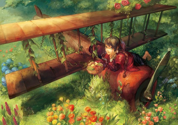 Anime picture 1500x1057 with original wadanaka single long hair blue eyes smile brown hair braid (braids) barefoot head rest girl flower (flowers) plant (plants) rose (roses) fruit aircraft airplane biplane