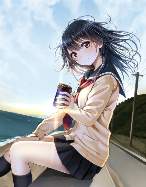 Anime picture 958x1228 with original kentaurosu single long hair tall image looking at viewer blush fringe black hair smile hair between eyes sitting brown eyes sky cloud (clouds) bent knee (knees) outdoors head tilt pleated skirt wind