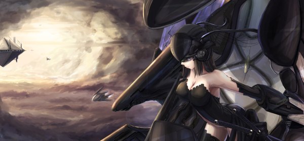Anime picture 3000x1396 with original kikivi single long hair highres breasts black hair wide image bare shoulders flying girl dress gloves elbow gloves helmet