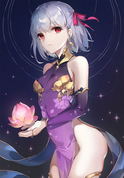 Anime picture 1000x1426 with fate (series) fate/grand order kama (fate) emyo single tall image looking at viewer fringe short hair breasts light erotic simple background hair between eyes red eyes standing bare shoulders silver hair no panties thighs side slit