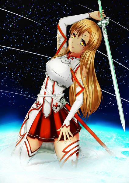 Anime picture 1400x1980 with sword art online a-1 pictures yuuki asuna single long hair tall image looking at viewer fringe brown hair yellow eyes sky kneeling dark skin shooting star girl thighhighs weapon sword star (stars)